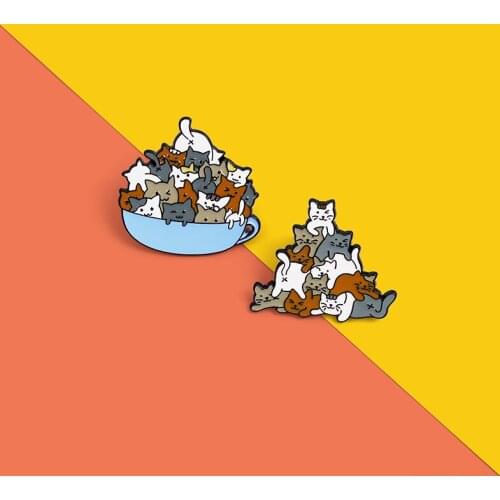 Hey cat family Coffee Cup A of Enamel Pin Cat Brooches Bag Lapel Pin Cartoon Animal Kitten Badge Jewelry Gift for Kids Friends