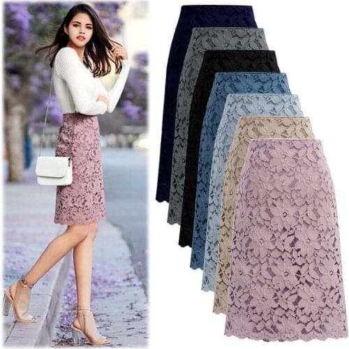 Lace Women Skirts Summer New 2021 Office Lady Elegant Solid Hollow Out Knee-Length Skirts Clothing Oversized 5XL