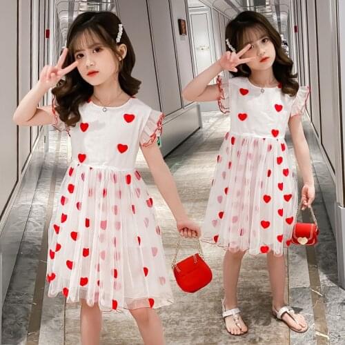 Girls' summer dress 3-12 years old childrens windproof sleeves love mesh princess birthday party dress 2021 new