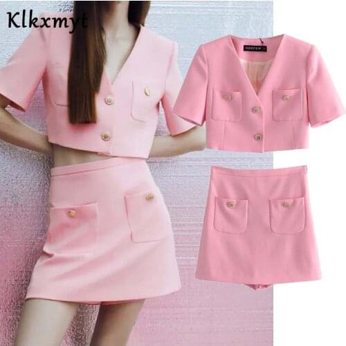 Klkxmyt Za 2021 Summer 2 Pcs Sets Women Pink Patch Pockets Cropped Casual Blazer Coat And High Waist Mini Shorts Skirts Suit Set