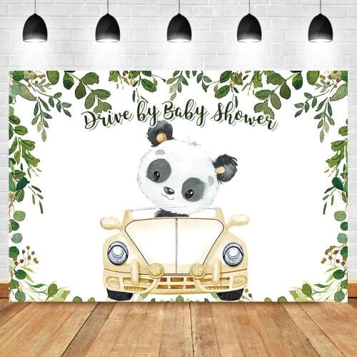 Cute Panda Car Newborn Photo Background Leaf Baby Shower Party Banner Decoration Poster Birthday Photography Backdrop