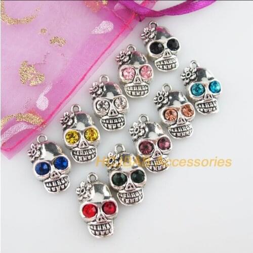 Fashion 10Pcs New Skulls Charms Retro Mixed Crystal Halloween Pendants Tibetan Silver Tone 13x22mm