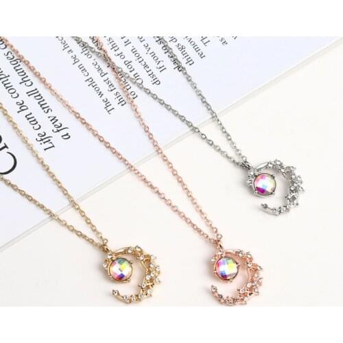 Fashion Moon Pendant Multi-Layer Chain Necklace Colorful Nature-Stone Crescent Pendant Choker Necklace Punk Women Jewelry Gifts