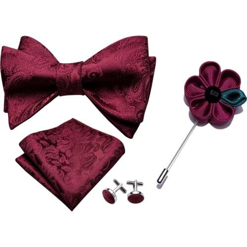 Barry.Wang Men Bowtie Red Self-tied Bows Paisley Burgundy Silk Tie Set Pocket Square Cufflinks Boutonniere for Wedding Party
