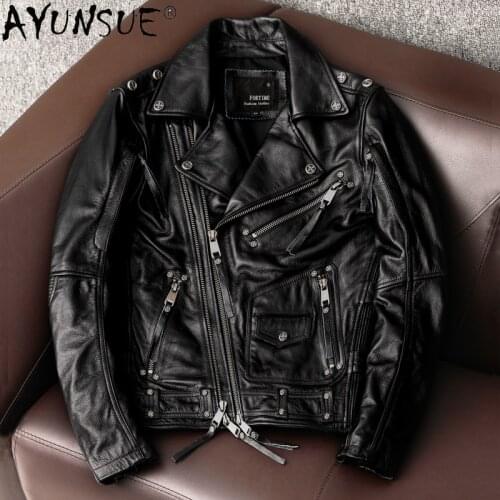 AYUNSUE 2021 Motorcycle Leather Jacket Men Real Cow Leather Coat High Quality Vintage Mens Jackets Blouson Cuir Homme KJ6770
