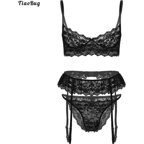 TiaoBug Men Sissy Gay See-Through Floral Lace Lingerie Set Underwear Nightwear Unlined Bra With Thongs Garter Belt