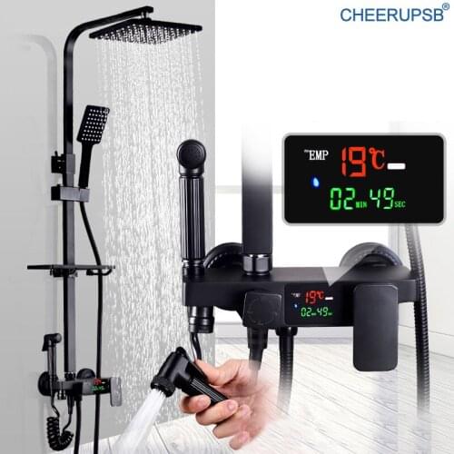 Digital Display Hydropower Shower Set Bathroom Wall Mount Rainfall Shower System Hot and Cold Mixer Bath Faucet Modern Brass Tap