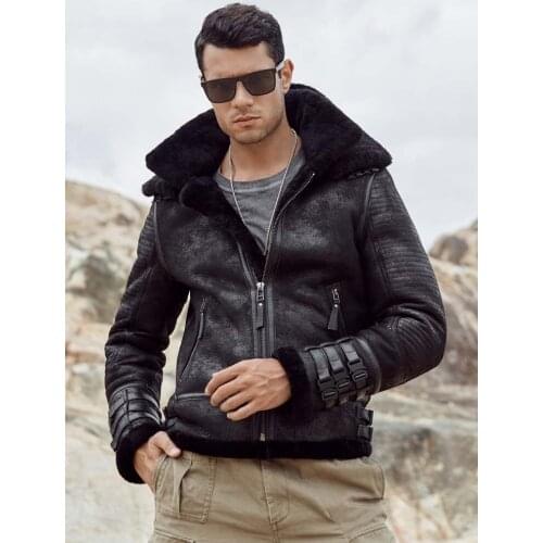 New Shearling Coat Mens B3 Bomber Jacket Short Fur Coat Black Leather Jacket Motorcycle Jacket Natural Sheepskin Coat