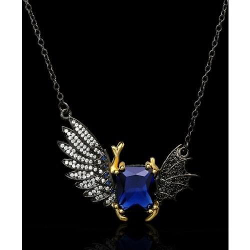 2021 New Exaggerated Womens Necklace AAAA Blue Zircon Jewelry Wing Pendant Necklace Black Gold Two-tone Zircon Sweater Chain
