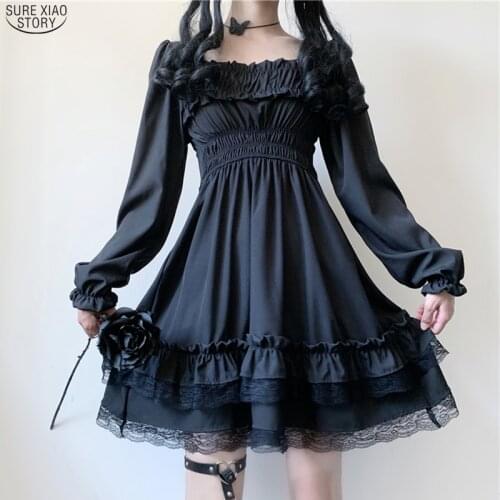 New Puff Sleeve Party Dresses 2021 Fashion Women Black Mini Dress with Lace Slash Neck High Waist Gothic Dress Robe Femme 12991