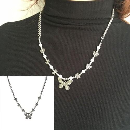 2021 New Punk Gothic Butterfly Pendant Necklace Choker Pearl Hip Hop Personality Fashion Jewelry For Women Girls Gifts Party
