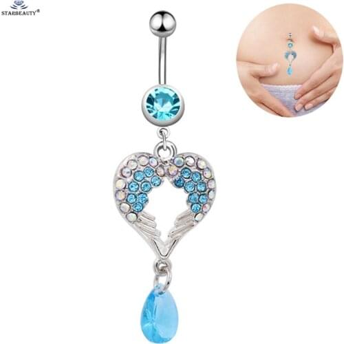 Top Fantasy Heart Wing Navel Piercing Ombligo 14G Blue Water Drop Belly Piercing Nombril Belly Button Rings Tear Earring Pircing
