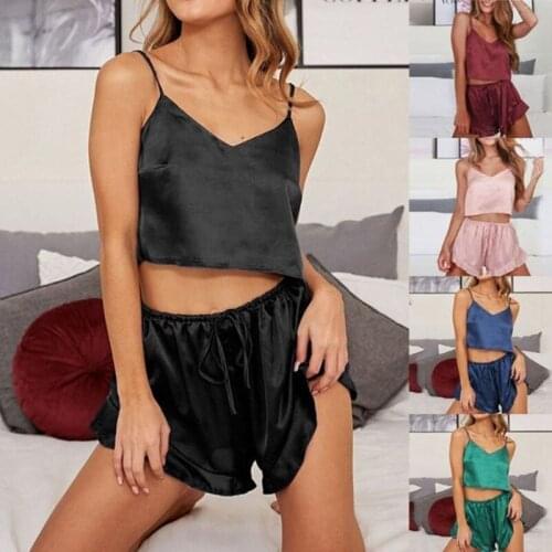 Womens Sleepwear Sexy Satin Pajama Set V-Neck Pyjamas Sleeveless Cami Top and Lotus Leaf Edge Comfortable Shorts Two Piece Sets