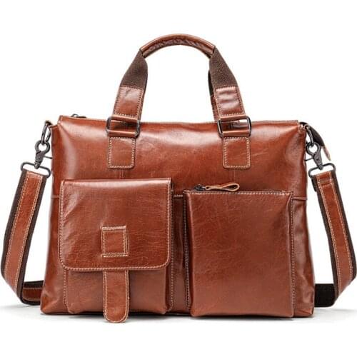 Fashion Men Briefcases Leather Handbag Mens Business Messenger Bag Two Pocket Soft Handle Laptop Bags Bolso Bandolera Hombre