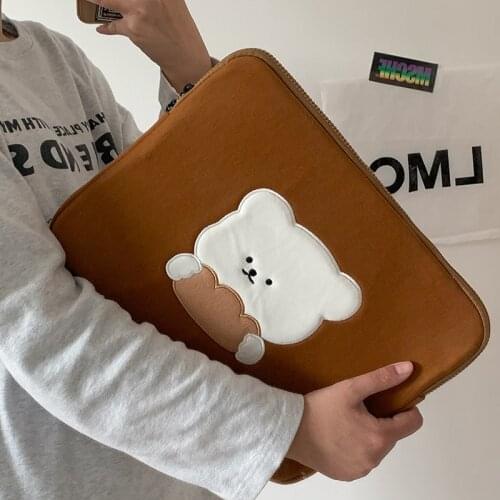 Cute Korea Cotton Soft Sleeve IPad Pouch Tablet Case 11 13 15Inch Cartoon Embroidery Bear Ipad Liner Bag Laptop Bag For Girl