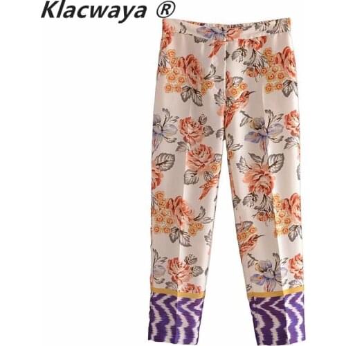 Klacwaya Women 2021 Fashion Side Pockets Floral Print Pants Vintage High Waist Splicing Elastic Hem Female Ankle Trousers Mujer