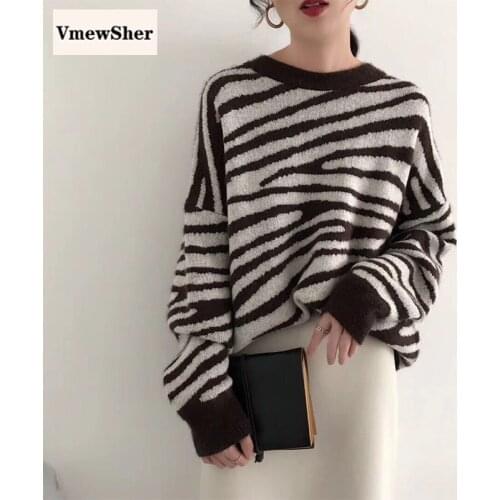 VmewSher New Zebra Striped Print Women Sweater O-neck Pullover Knitted Autumn Oversized Long Sleeve Casual Fashion Jumper Top