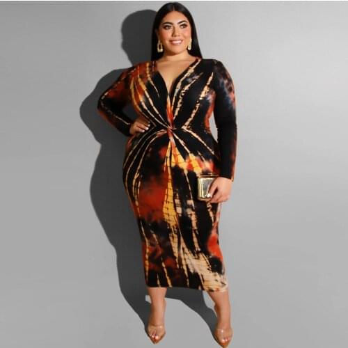 Midi Dress Big Size 5XL Tie Dye Printed V Neck Tight Sexy Long Sleeve Calf Length High Waist Elegant Party Comfortable Fashion
