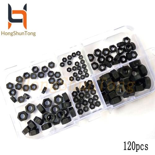 120pcs/set M2M2.5M3M4M5M6 Hexagon Nylon Nuts / black hex Nylon nut Assortment Kit Box Plastic nut set