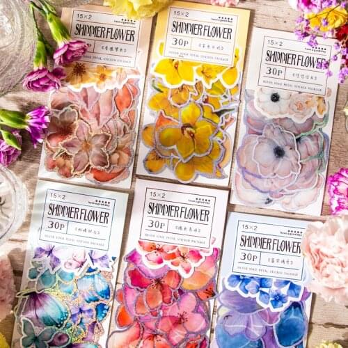 30 pcs/set Shining flowers Decorative Sticker Scrapbooking diy Label Diary Stationery Album Journal silver pet petal Stick