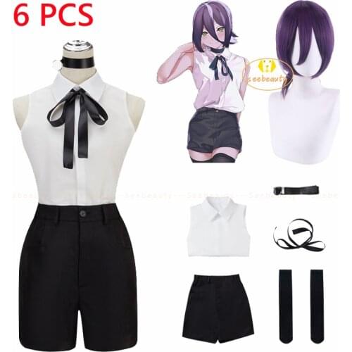 Anime Chainsaw Man Reze Cosplay Costume Bomb Devil Purple Wig Women White Black Suit Halloween Party Girls Uniform Set