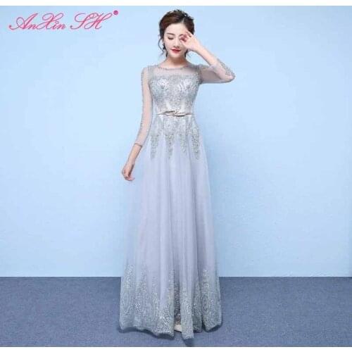 AXJFU princess grey lace flower evening dress party o neck beading crystal pearls silvery powder leaf sashes evening dress