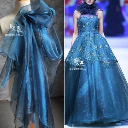 Lustre Glazed Tulle Fabric Peacock Blue DIY Background Doll Decor HANFU Stage Skirt Veil Gown Wedding Dress Designer Fabric