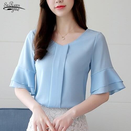 Blusa 2021 Plus Size Summer Womens Blouses Flare Casual Chiffon Shirt Short Sleeve V Neck Women Tops Loose Solid Shirts 8794