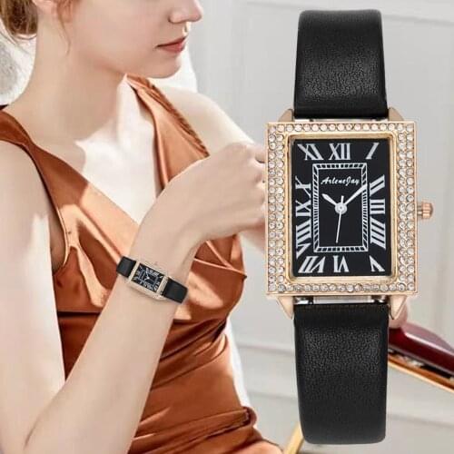 Simple Rectangle Women Watches Roma Diamond Dial Design Ladies Fashion Wristwatches Casual Black Leather Clock Zegarki Damskie