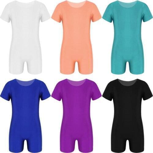 Children Dance Wear Solid Color Stretchy Ballet Gymnastics Leotard For Boys Girls Fitness Jumpsuit Kids Short Sleeves Unitard