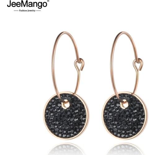 JeeMango Stainless Steel Hoop Earrings White & Black Round Clay Crystals Rose Gold Color Party Jewelry Wedding Gift JE18459