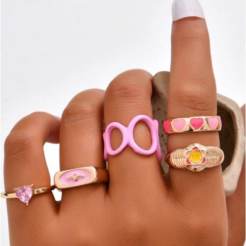 Cute Drip Oil Crystal Heart Rings Set Fashion Geometric Gold Color Personality Rings for Women Party Jewelry Accessories