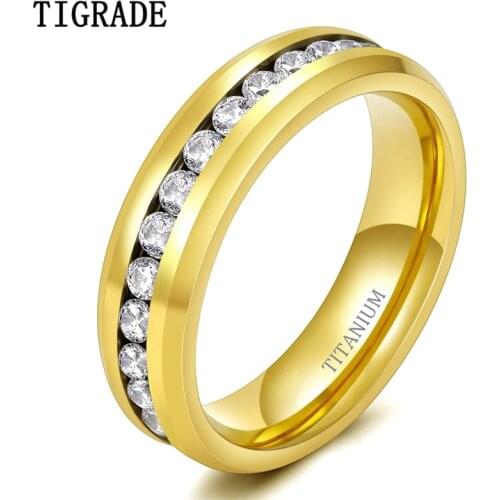 TIGRADE 6mm Gold Color Titanium Ring Cubic Zirconia Luxury Engagement Ring For Men Women Wedding Band Size 5 to 12