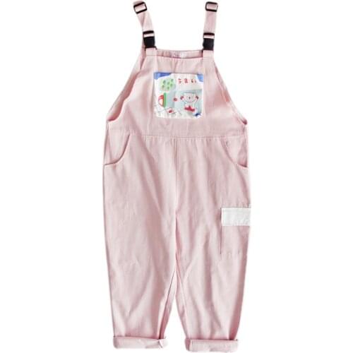 Korea Harajuku Demin Overalls Full Length Jumpsuits For Women Kawaii Rompers Cute Girls Casual Pants Cotton Print Pink Trousers