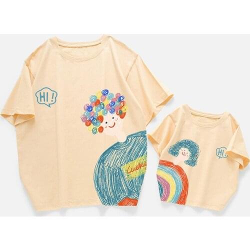 Summer Family Matching Outfits Casual Loose Cartoon Print Cotton T-shirt For Father Mother Son And Daughter Family Look Mom Kids