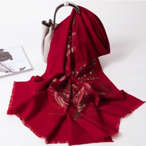 Pure Wool Scarves Women Winter Shawls Wraps Ladies Pashmina Warm Embroidery Neck Scarf Red Stole Echarpe Femme Large Size