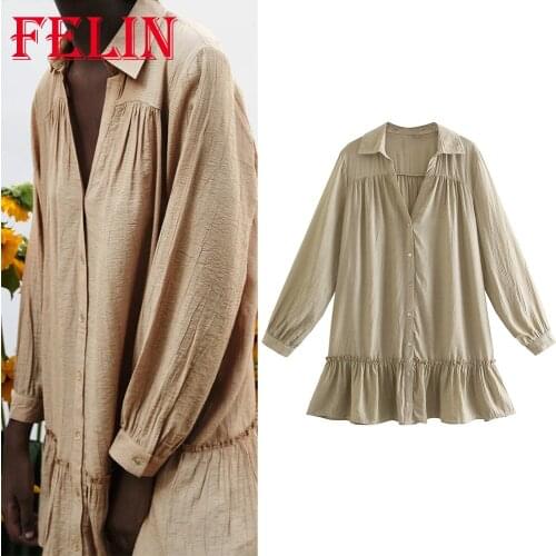 FELIN Za 2021 Oversized Casual Mini Shirt Dress Women Ruffles V Neck Unicolor Long Sleeve Dress Elegant Streetwear Vestidos