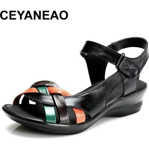 CEYANEAO 2017 summer new Mother sandals elderly fashion casual Leather Female flat sandals hollow large size women sandals 41 42