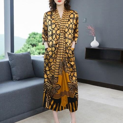 2021 Spring Yellow Print Mulberry Silk Midi Dresses Autumn Vintage Casual 4XL Plus Size Long Sleeve Dress Elegant Women Vestidos