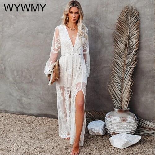 WYWMY 2021 Sexy Deep V Neck Summer Women Maxi Dress Long Sleeve Embroidery See Through White Lace Dress Vintage Long Beach Dress