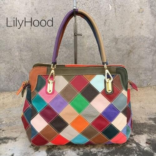 Women Fashion Genuine Leather Multicolor Handbag 2021 Female Real Leather Diamond Patchwork Big Capacity Work Tote Messenger Bag