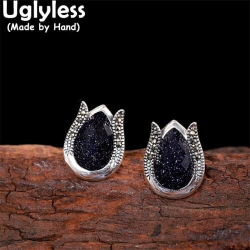 Uglyless Tulip Studs Earrings for Women Semi-precious Gemstones Blue Sandstones Earrings 925 Sterling Silver Flowers Brincos