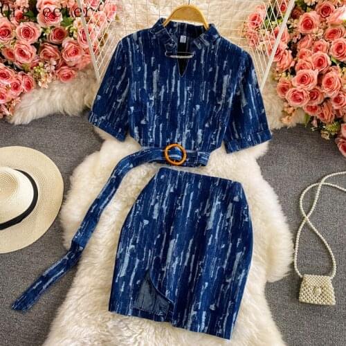 Summer High Street Denim 2 Piece Set Women Sexy Belt Crop Top + High Waist Zipper Bodycon Mini Skirts Sets Female Tracksuit