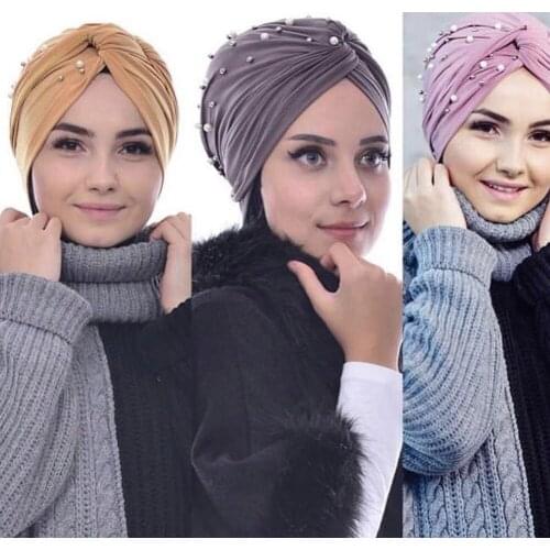 Women beading Hijab twist Turban cap Muslim scarf turbante mujer india Head Wrap Scarf Stretch Beanie Bonnet Chemo turbans