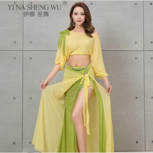 Belly Dance Oriental Dance New Fashion Women Bellydance Costumes Set 2pcs Mesh And Beaded Top Split Long Skirt Clothes Dancewear