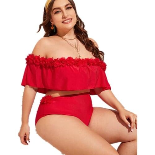 Womens Swimsuit Plus Size Swimwear High Waist Ruffle Two Pieces Lace Edge Beachwear Red Bathing Suit Large Fat Bodysuit Female