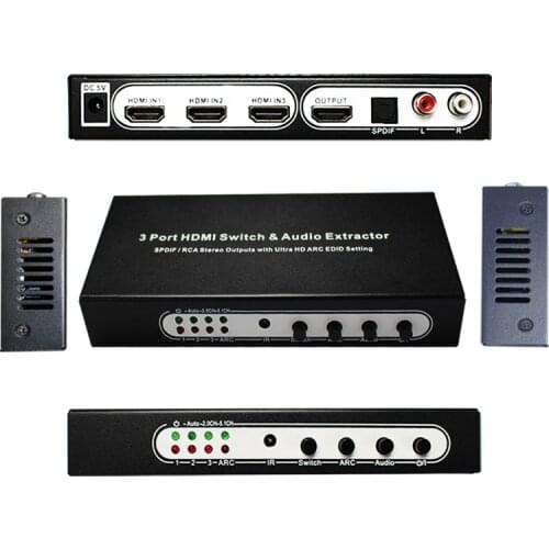 3 Port hdmi switch 3x1 with Audio(SPDIF+RCA stereo output) extractor support Full-HD,Full-3D,4kx2k