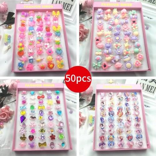 50pcs/lot Childrens Cartoon Rings Flower Animal and Candy Shape Ring Set Toy Mixed Finger Jewellery Rings Toys for Girls