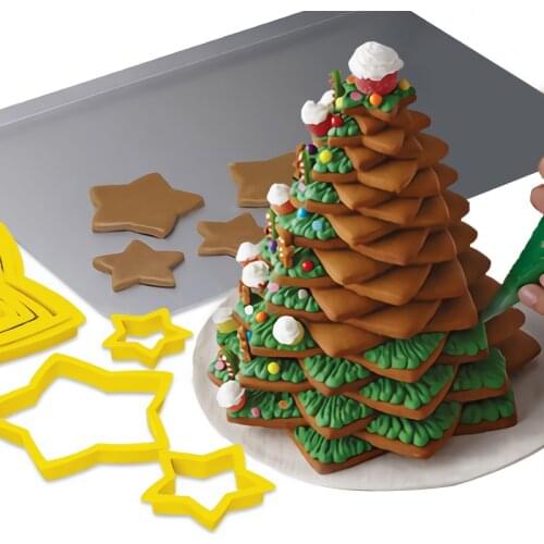 6pcs Christmas Tree Cookie Cutter Stars Shape Fondant Cutter Mold Baking Biscuit Plastic Baking Cake Mold Cake Decorating Tools