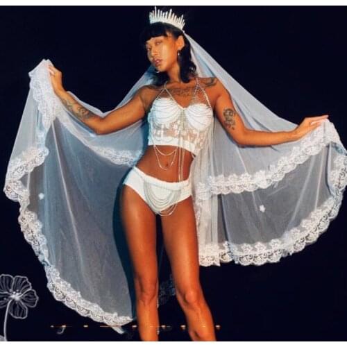 ValentineS Day White Lace Veil Bikini Suit Female Singer GoGo Costume Sexy Nightclub Bar Costume Party Cosplay Outfit DWY4550